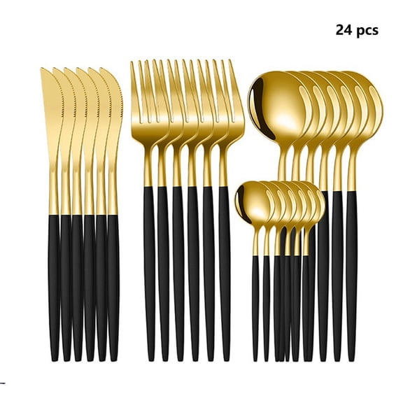 24-Piece Set Forks and Spoons Set Cutlery Set Service for 6 Mirror Polished Stainless Steel Flatware Kitchen(golden black)