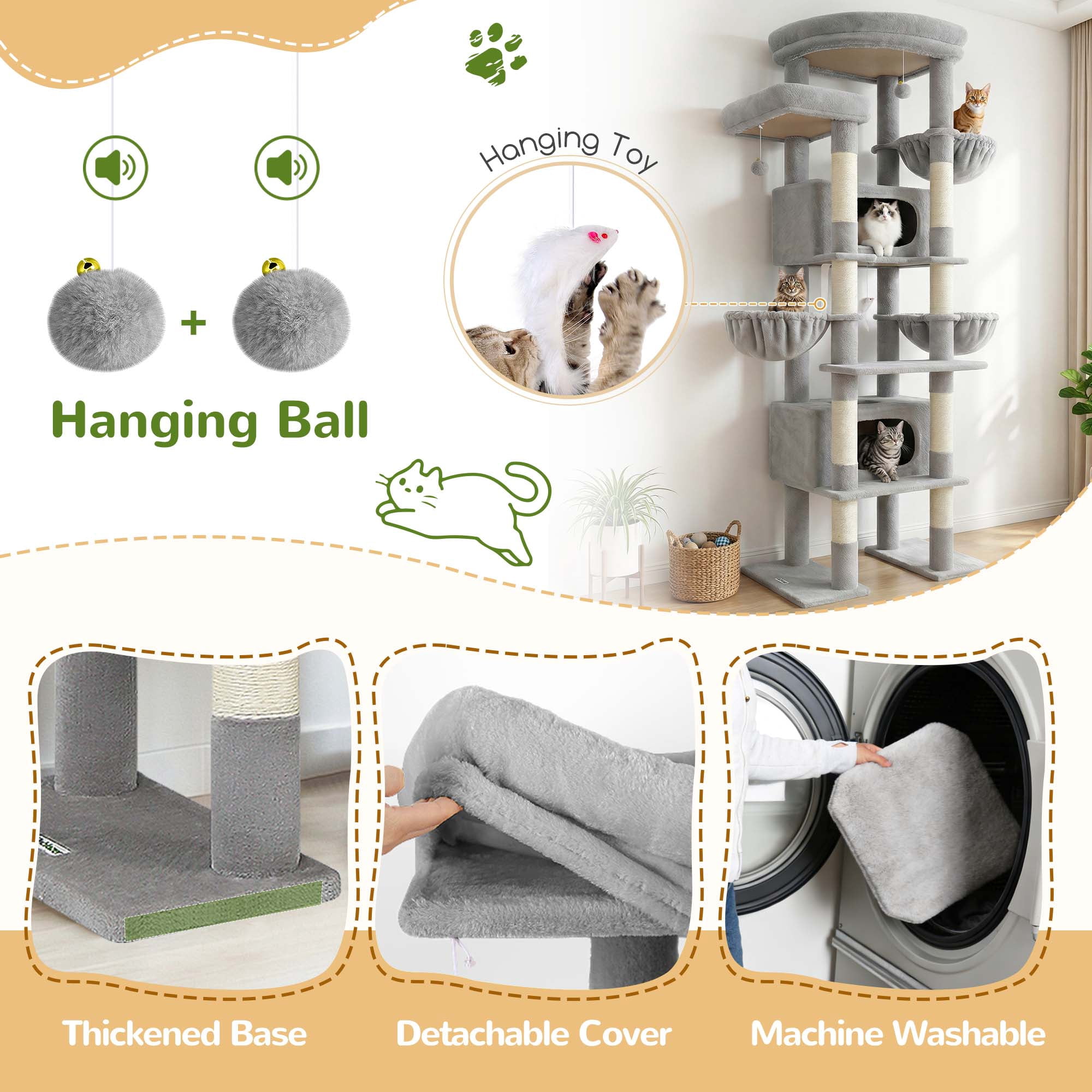 Globlazer 84" Multilevel Large Cat Tree Tower for Indoor Cats with 2 Condos, 3 Hanging Baskets & 8 Scratching Posts, Light Gray
