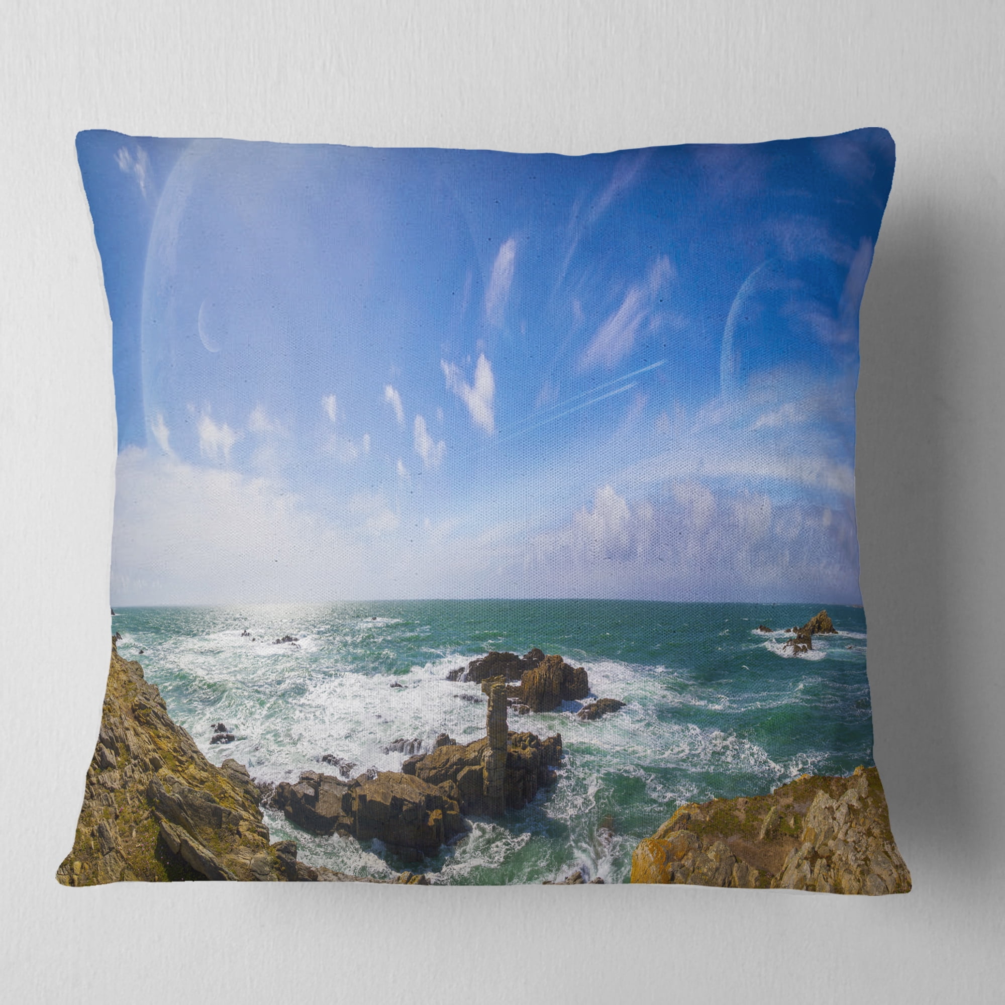Designart Distant Planet System from Cliffs - Seashore Throw Pillow - 18x18