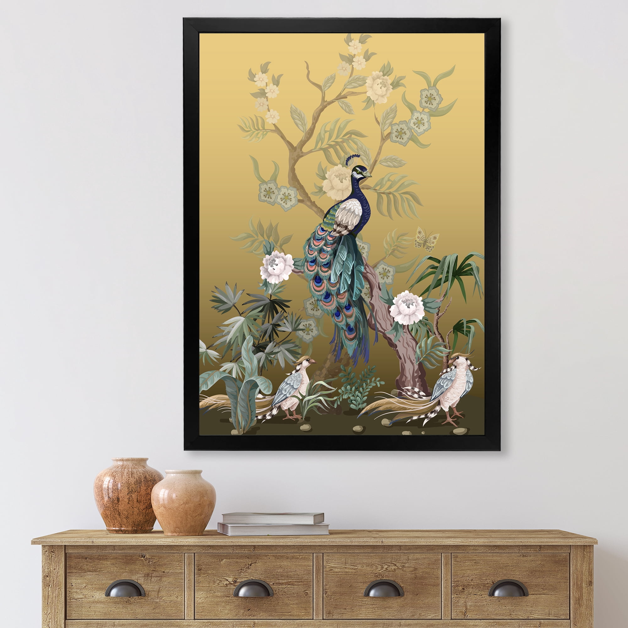 Designart 'Chinoiserie With Peonies and Birds VI' Traditional Framed Art Print