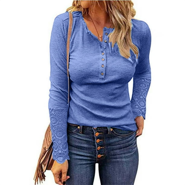 Camiseta de manga larga con cuello redondo para mujer, ropa informal ajustada con botones y costuras de encaje, Color liso, para otoño e invierno, nueva