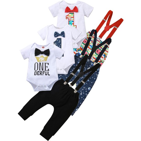 WIBACKER Baby Boy One 1st Birthday Outfits Short Sleeve Bow Tie Romper with Pants Set Suspenders Cake Smash Photo Shoot