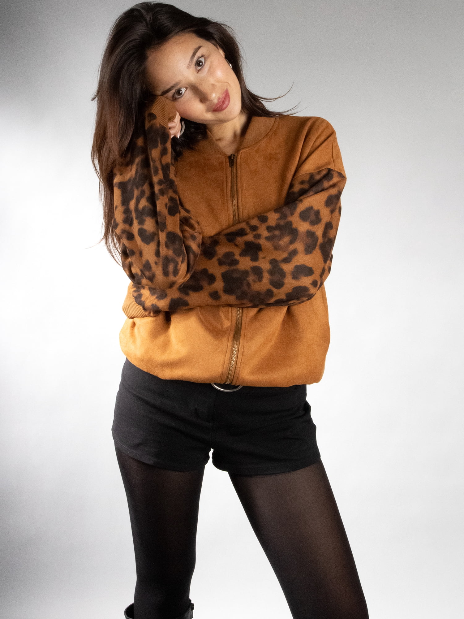 DARING DIVA Women's Animal Print Sleeve Zip Up Jacket XS Brown