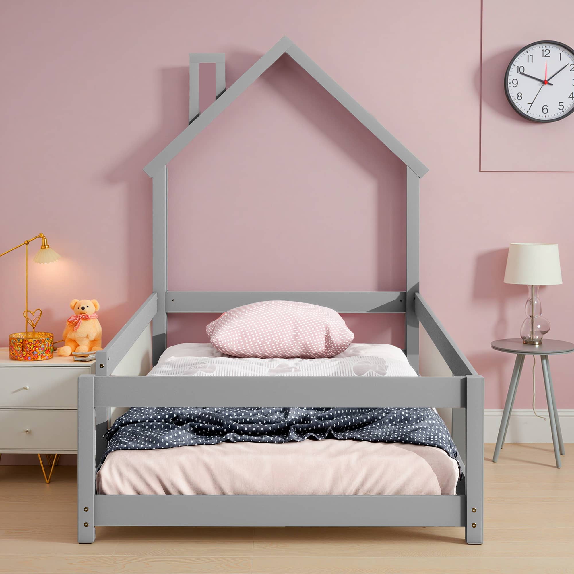 MAYEERTY Twin Size Wood Bed Frame with House-Shaped Headboard with Fences for Adult, Grey