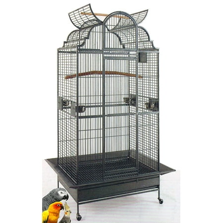 Large Elegant Wrought Iron Open/Close Dome Perch Play Top Stand Bird Parrot Rolling Cage, Include Metal Seed Guard Solid Metal Feeder Breeding Doors