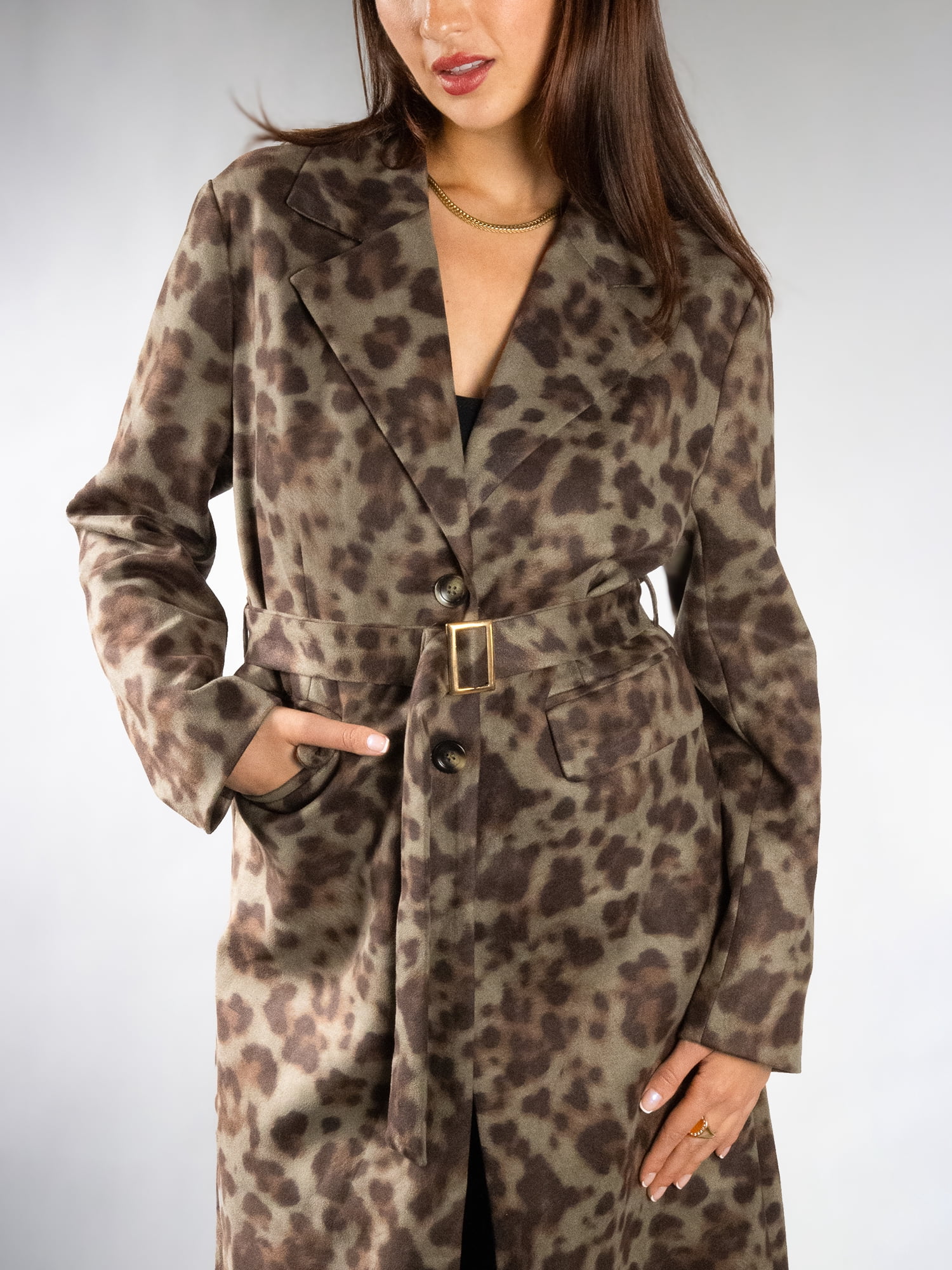 DARING DIVA Women's Fashionable Animal Print Trench Coat S Light Green