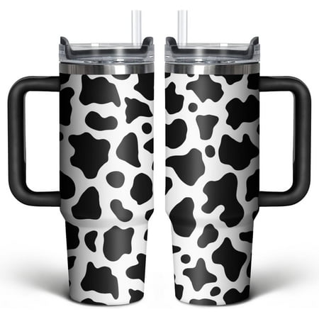 

30oz Cow Tumbler With Handle Lid and Straw-Cow Print Stainless Steel Insulated Tumblers-Cute Cow Travel Mug Iced Coffee Cup-Gifts for Women(Cute Black)