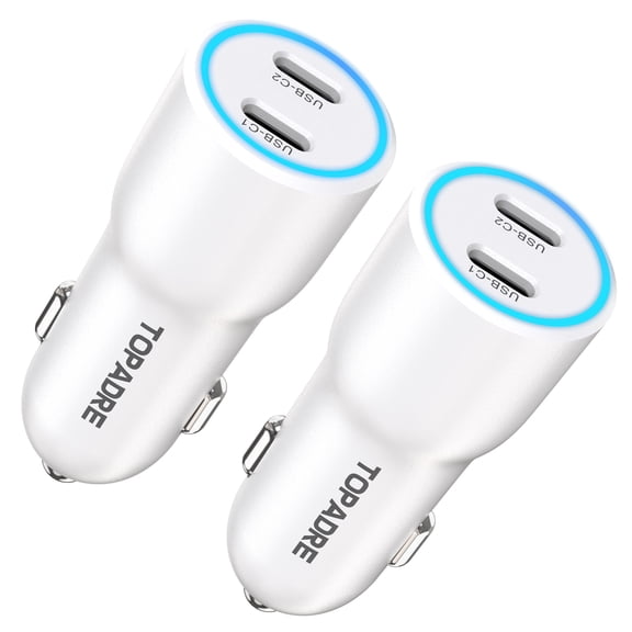 Topadre 2-Pack 40W USB-C Fast Car Charger, Dual-C Ports Compatible with iPhone, iPad, Samsung Series