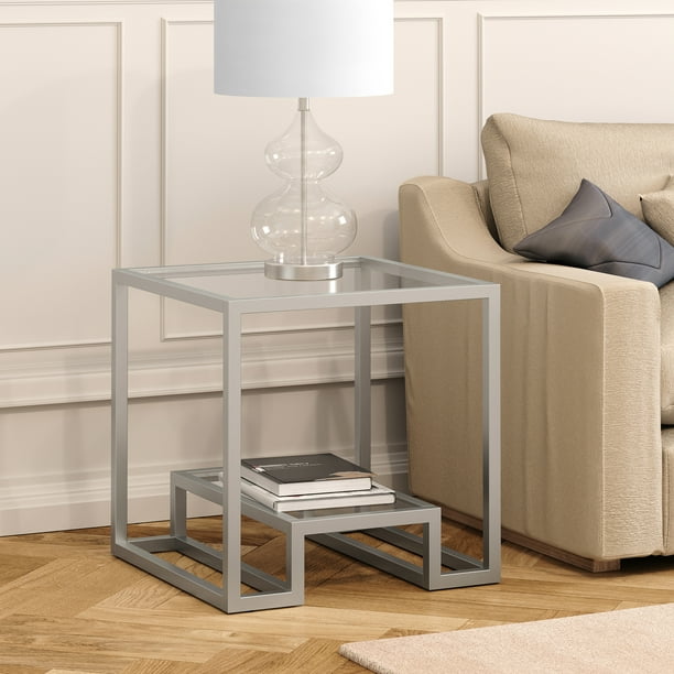 Geometric Modern Glass Side End Table with Storage Shelf, Square Accent