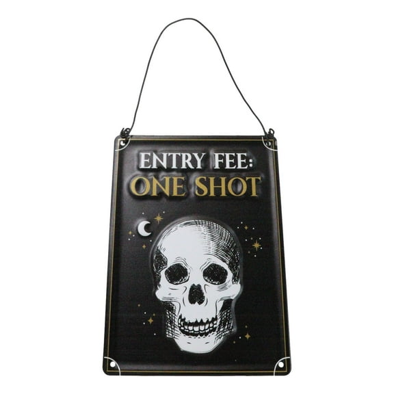 Set Of 2 Halloween Macabre Party Bar Entry Fee One Shot Skull Metal Wall Signs