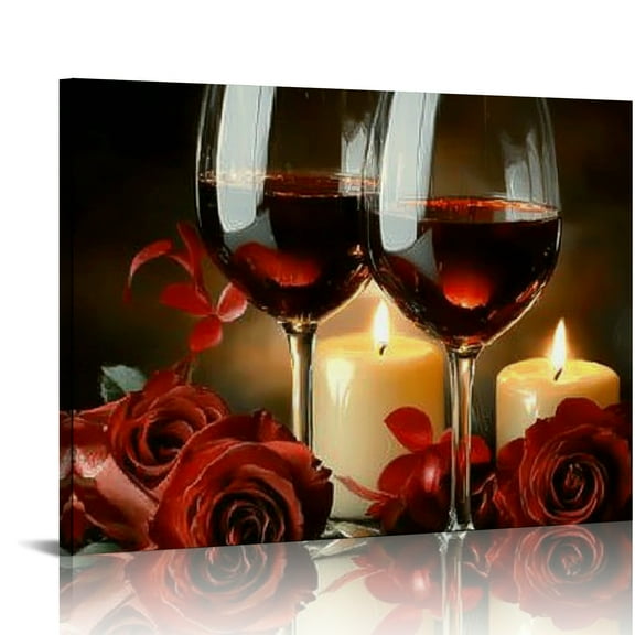 FCXZI Roses Candles Wine Wall Decor Canvas Prints Art Modern Ready To Hang Room Home Decor 16x12in