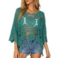 thumbnail image 2 of Crochet Tops for Women Summer Lightweight Hollow Out Beach Cover Up Solid Color Swimsuit Coverup 3/4 Sleeve Boho Fringe Trim Vacation Sun Shirts, 2 of 6