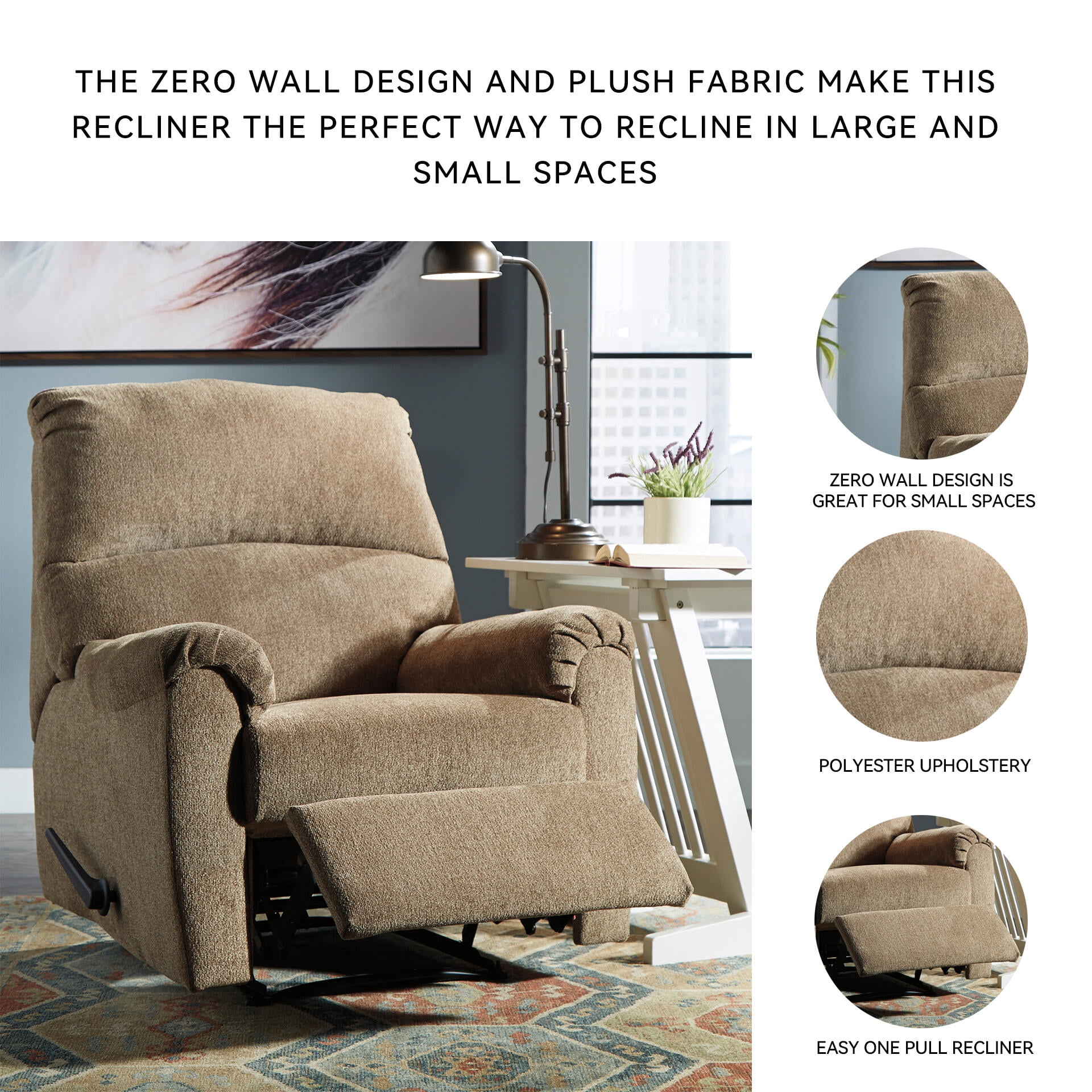 Signature Design by Ashley Nerviano Zero Wall Recliner, Mocha Textured Fabric, Space-Saving Wall Hugger Reclining Chair for Small Spaces Living Room