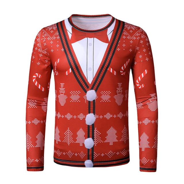 Innerwin T-Shirt de Noël Manches Longues Hauts de Noël pour Hommes Col Rond Mode Basique Tee Nœud L