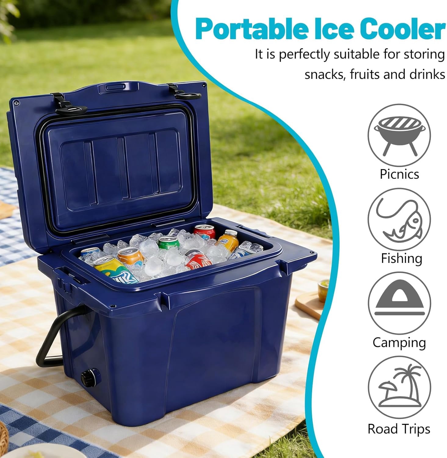Elleree 25 Quart Hard Cooler, Portable Ice Chest with Bottle Opener, Forming Ruler, Heavy-Duty Beach Cooler Box for Camping Fishing Picnic BBQ Travel