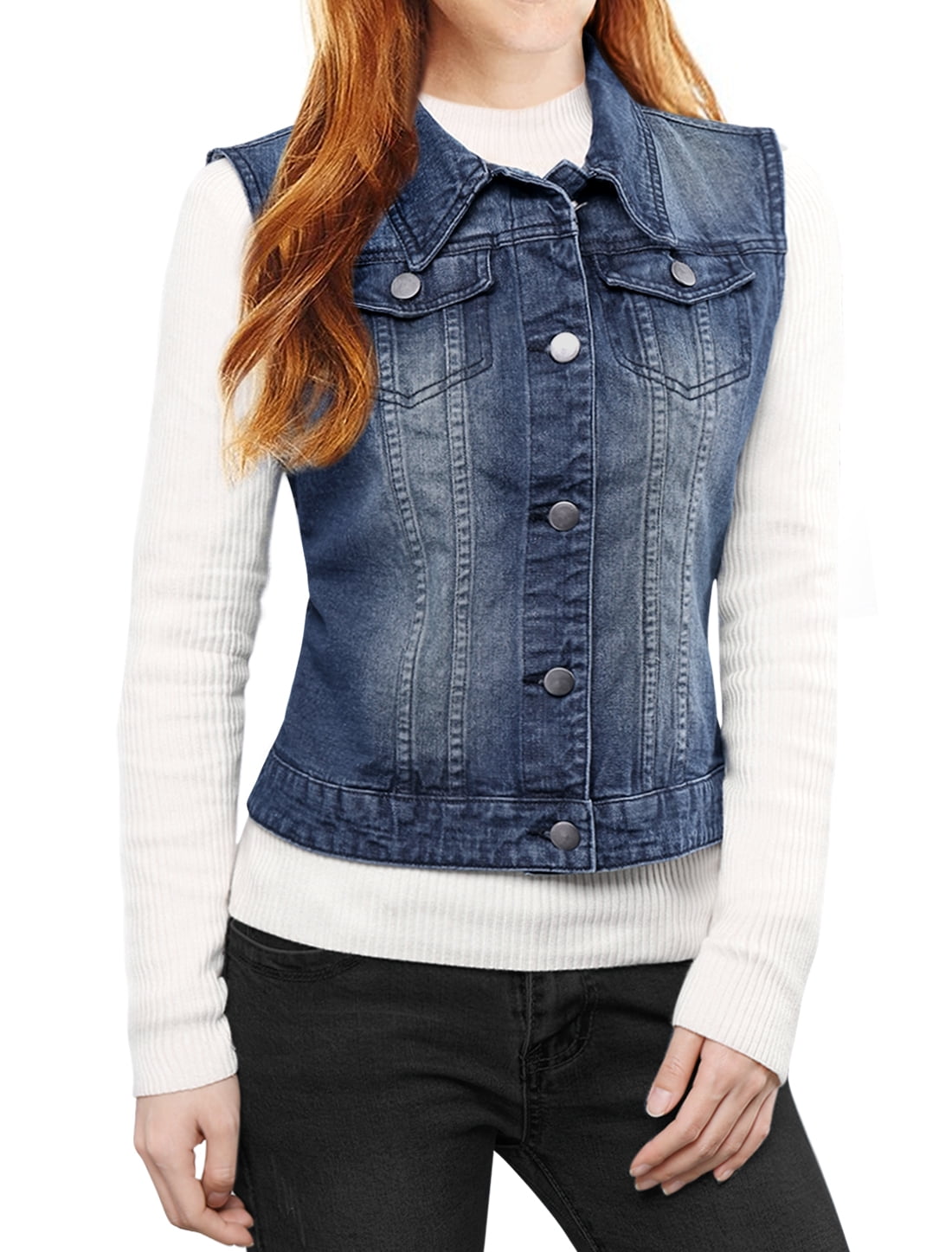 DARING DIVA Women's Denim Sleeveless Flap Pockets Vest Jacket M Dark Blue