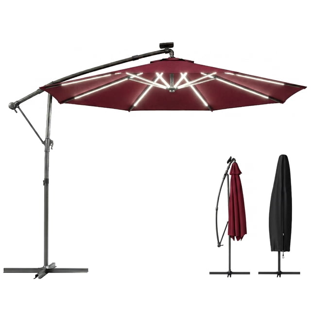 Outsunny 10 ft Offset Patio Umbrella with Solar Light, Hanging Parasol