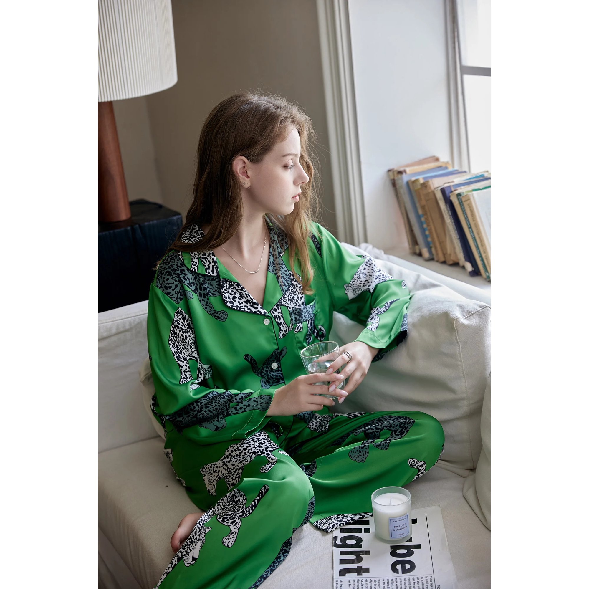 Green and Leopard Satin Pajamas