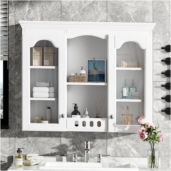 JERFIT 36" White Retro Wall Mounted Bathroom Cabinet with 2 Glass Doors, Adjustable Shelves Over The Toilet Storage, Solid Wood Frame Moisture Resistant Medicine Cabinet for Bathroom, Bedroom