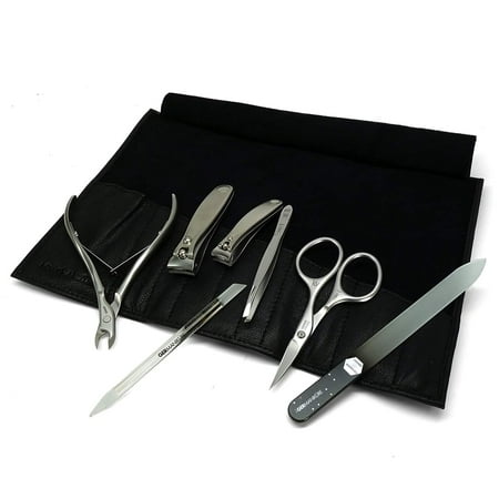 GERMANIKURE 7pc Manicure Set in Black Leather Case - FINOX Stainless Steel Tools Made in Germany Glass Nail Care Supplies Made in Czech Republic - Professional Cuticle and Nail Care Kit
