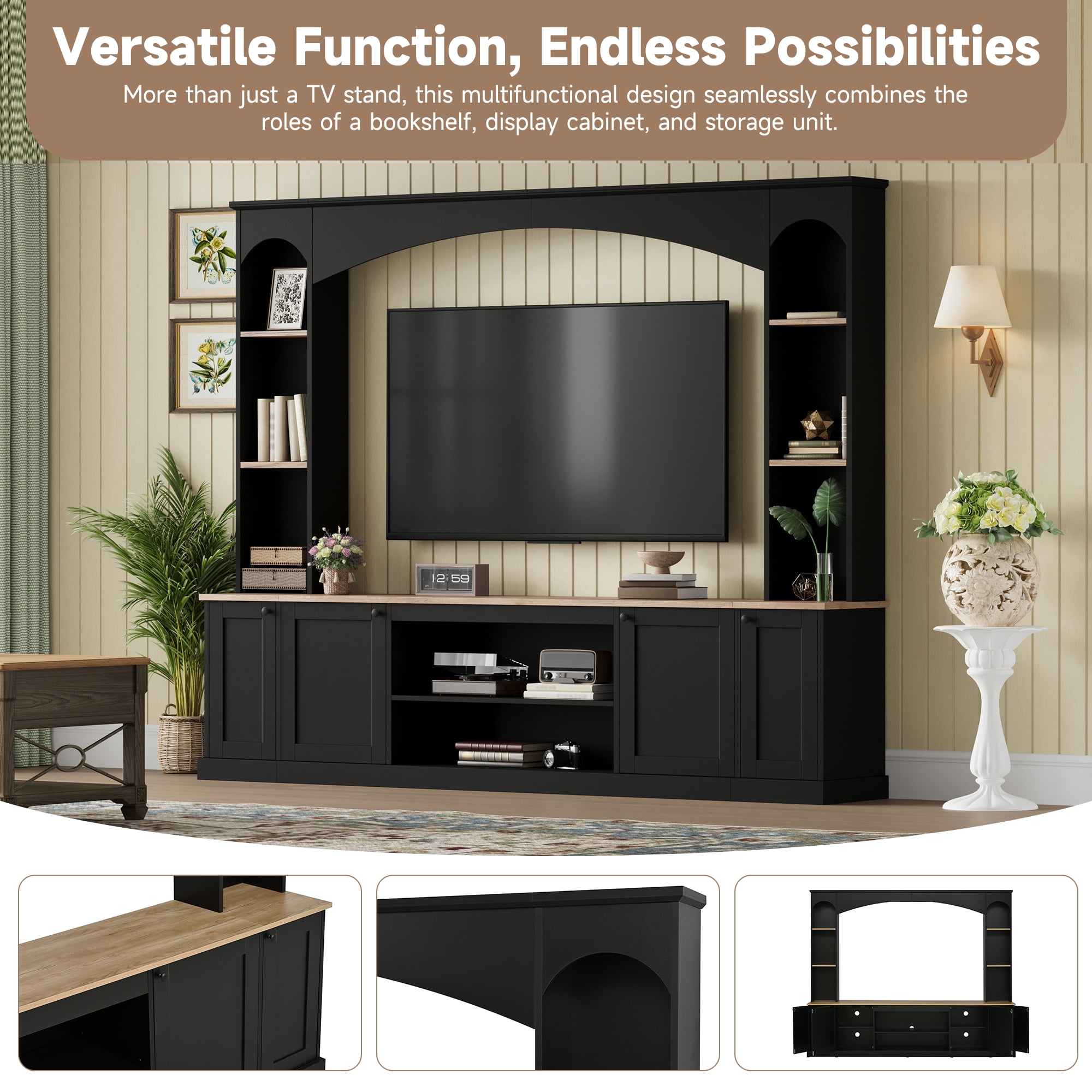 Luckynote Farmhouse TV Stand, Entertainment Center with Bookshelf, Arched Design Wood Grain for 70" TVs, 91 Inch Media Console with Adjustable Shelves, Black