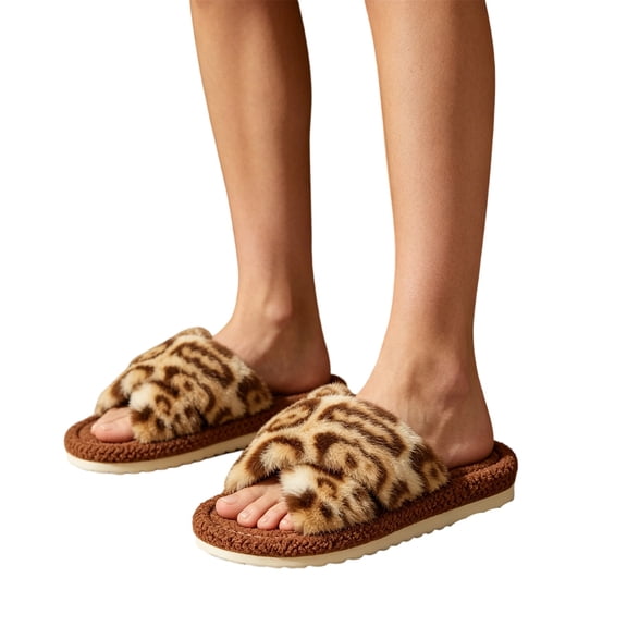 EKVAHL Women's Fuzzy Open-Toe House Slippers with Memory Foam - Leopard Print Cheetah Plush Cozy Cute Slipper Indoor/Outdoor Soft Slip On Slides Gifts for Women Mom Her Ladies