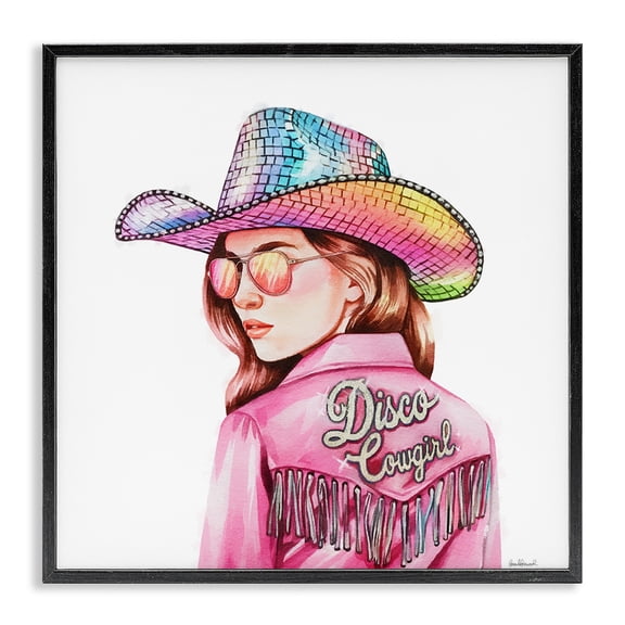 Stupell Industries Pink Disco Cowgirl People Painting Black Framed Art Print Wall Art, 12 x 12