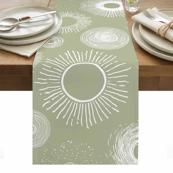 Geometric Table Runner - 70 Inch Long, Kitchen Dining Table Runner Dresser Scarves, Abstract Sage Green White Boho Circle Dot Farmhouse Decor for Coffee Tables Wedding Party Banquet