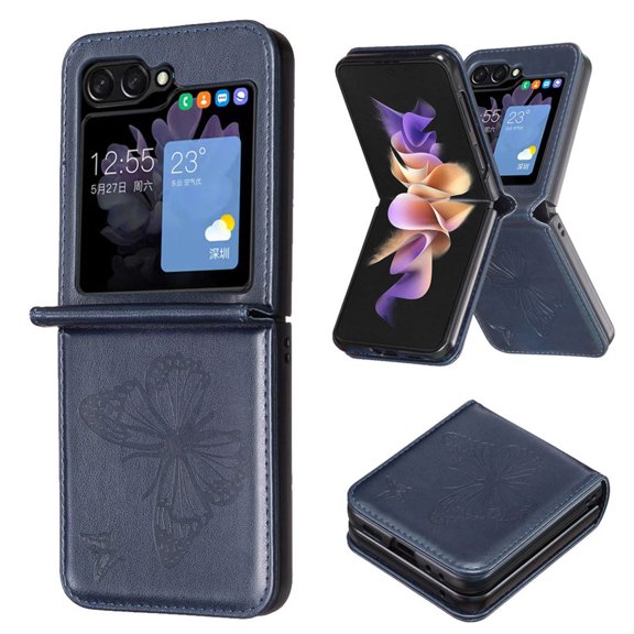 Samsung Galaxy Z Flip 5 Leather Case Butterfly Embossed Shockproof Cover Girls Women-Blue