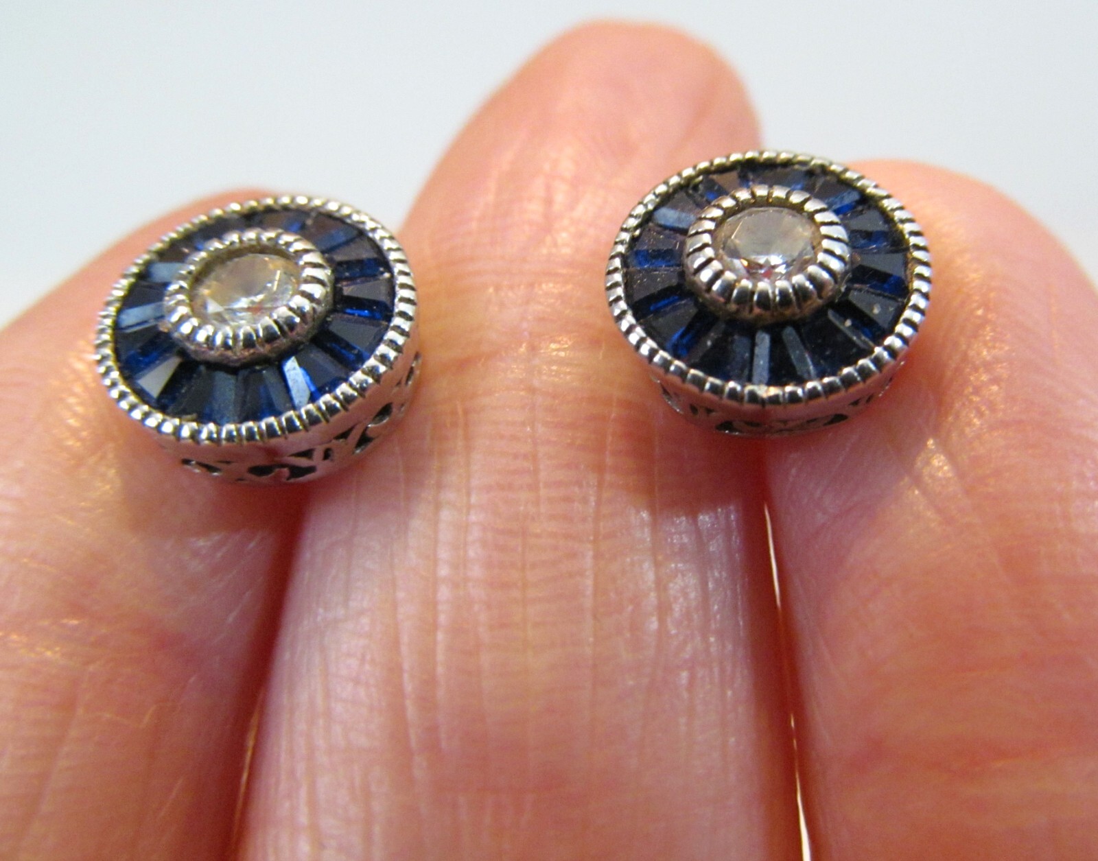 Sparkle Jewels Vintage Sterling Silver Clear Round Blue Cubic Zirconia Stud Earrings