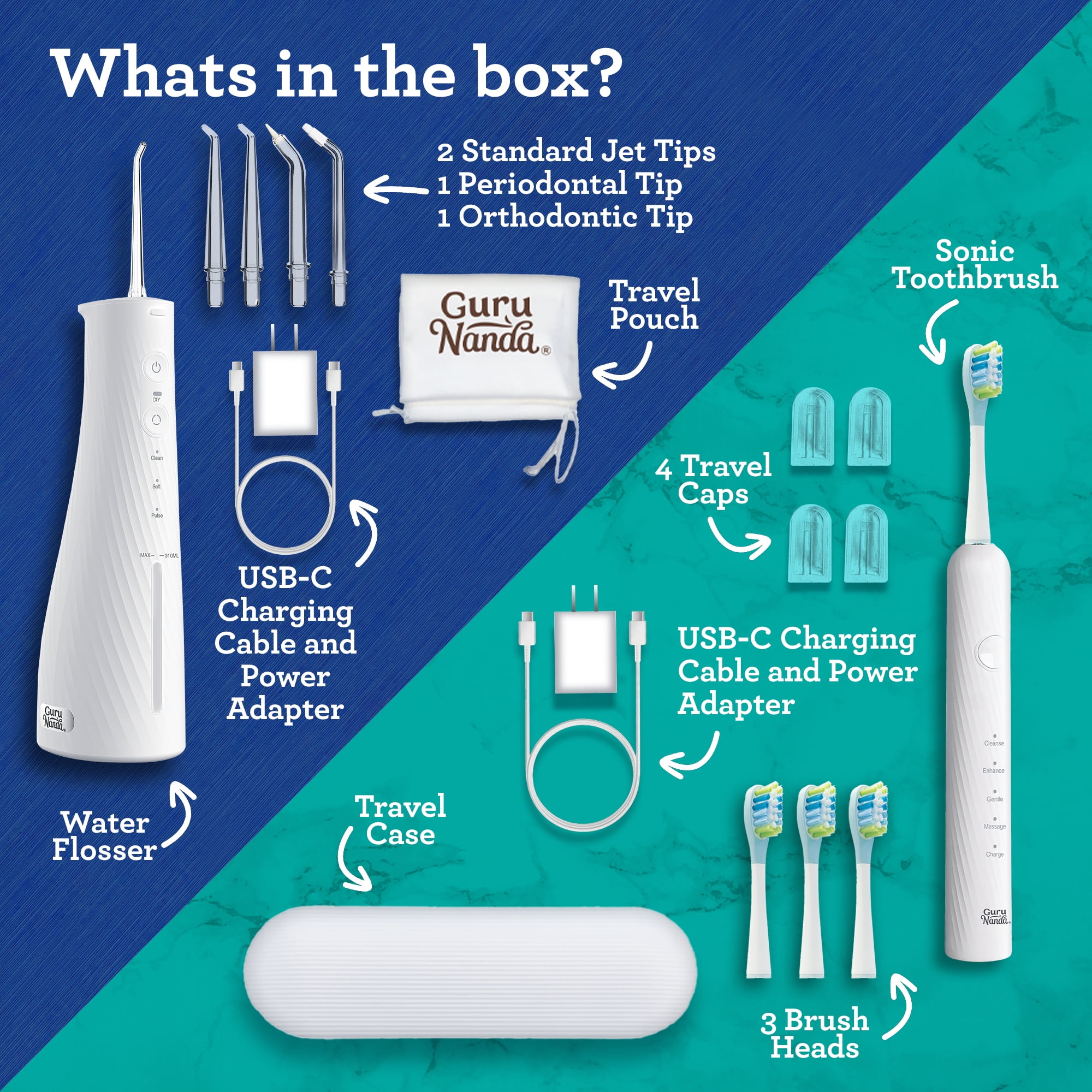 GuruNanda Lion & Lamb Kit 2.0 Electric Toothbrush with Water Flosser, 4 Jet Tips, 4 Brush Heads, White