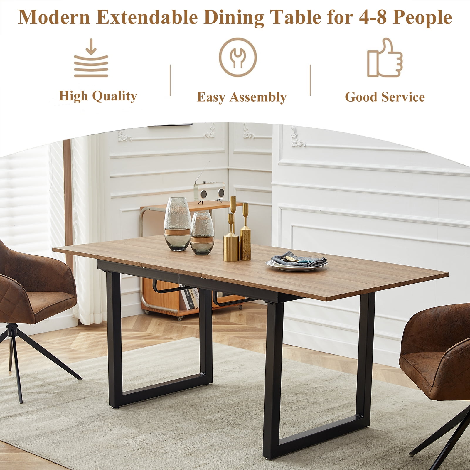 Lecut Extendable Dining Table for 4-8 Person, Extendable from 55" to 71", Modern Rectangle Dining Table with MDF Tabletop and Metal Frame, Expanding Kitchen Table for Home, Office,Brown