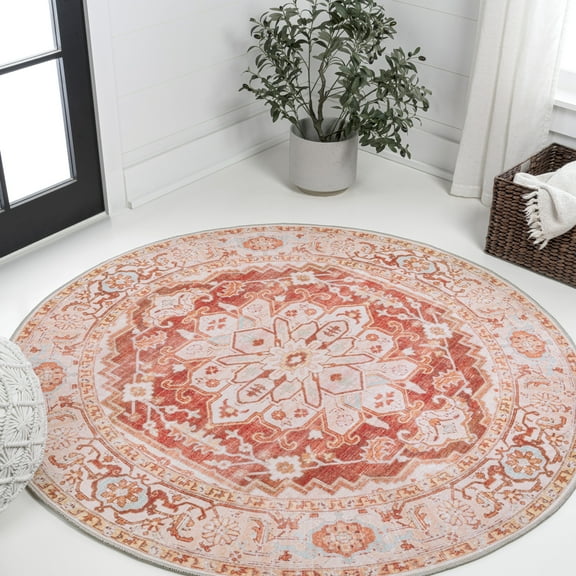 JONATHAN Y WASHABLE 8' Round Area Rug, Asa Ornate Medallion - Orange/Cream, WSH108A-8R