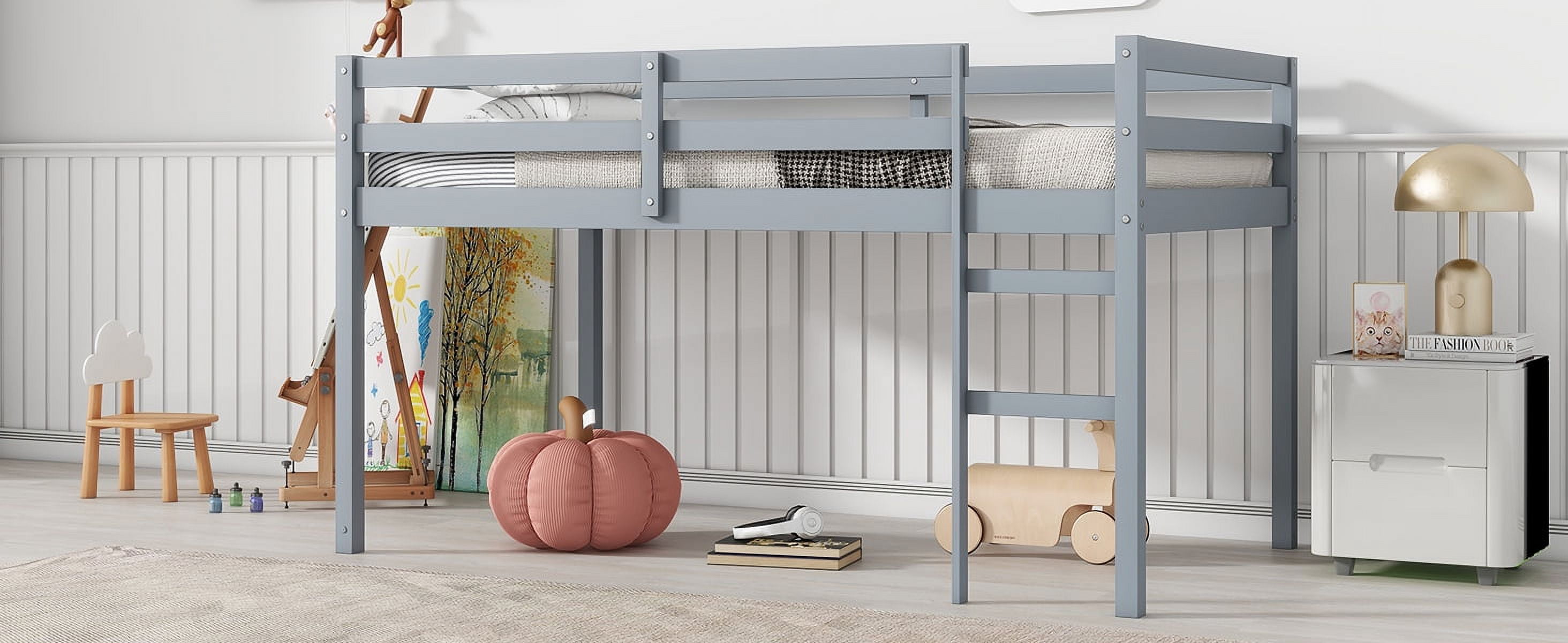 Solid Wooden, Rubber Wooden Twin Loft Bed with Ladder, Bed Platform of Strengthened Slats, Grey