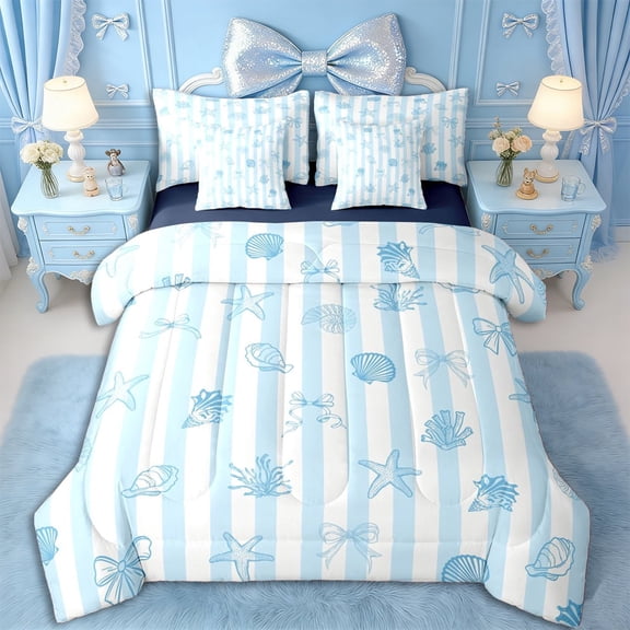 Erosebridal Girls Blue Ribbon Bow Twin Bedding Sets 7-Piece,Ocean Seashell Starfish Bedding Comforter Set for Teens Women,Navy Blue Reversible,Ultra Soft Home Decor