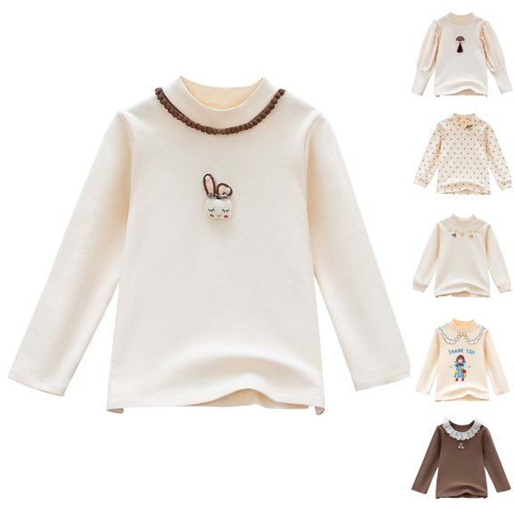 YHAJDS Girls Graphic Print Tee Fan Print Brushed Lantern Long Sleeve Crewneck Blouse Winter Warm