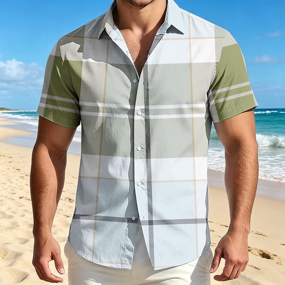 COSFO Short Sleeve Mens Button Up Shirts Casual Plaid Summer Shirts Beach Collared Regular Fit Vacation Tops