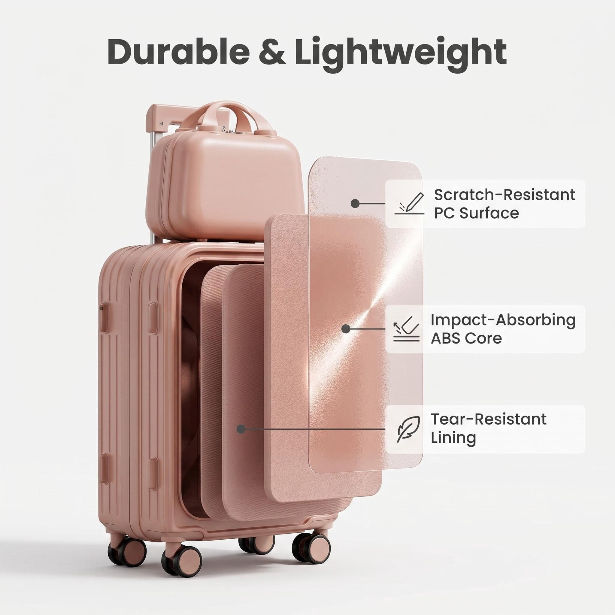 HEMXSZH 20 Inch Adult 2-Piece Hardside Rolling Luggage with Combination Lock and Cup Holder, Pink
