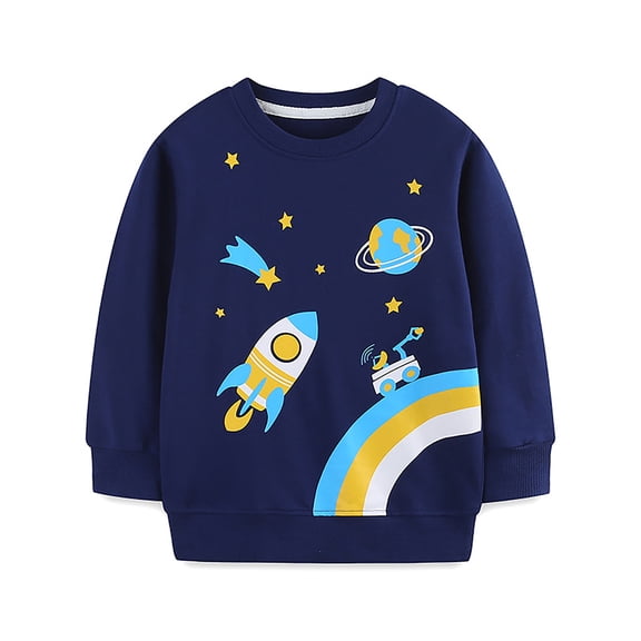 FINALGANG Boys Kids Casual Long Sleeve Sweatshirt Cartoon Space Rocket Print Crewneck Loose Fit Pullover For Daily Casual Wear Navy 5-6 Years