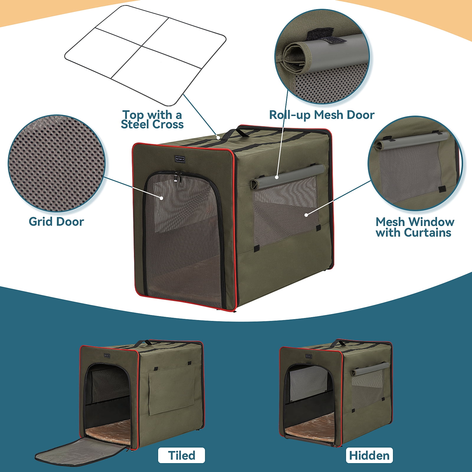 Petsfit Soft Collapsible Dog Crate, 31" Portable Travel Dog Crate with Mesh Windows for Large Dogs, Pet Kennel Suitable for Car Army Green