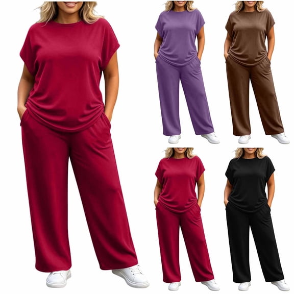 Women's 2 Piece Pants Set Plus Size Summer Lounge Outfits Short Sleeve Crewneck Tops and Wide Leg Sweatpants (6XL, Red)
