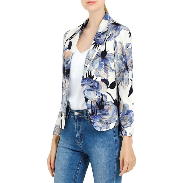 INSPIRE CHIC Blazer pour Femme à devant Ouvert Veste de Tailleur Courte d'Été pour le Travail S Blanc Bleu à Motif Floral