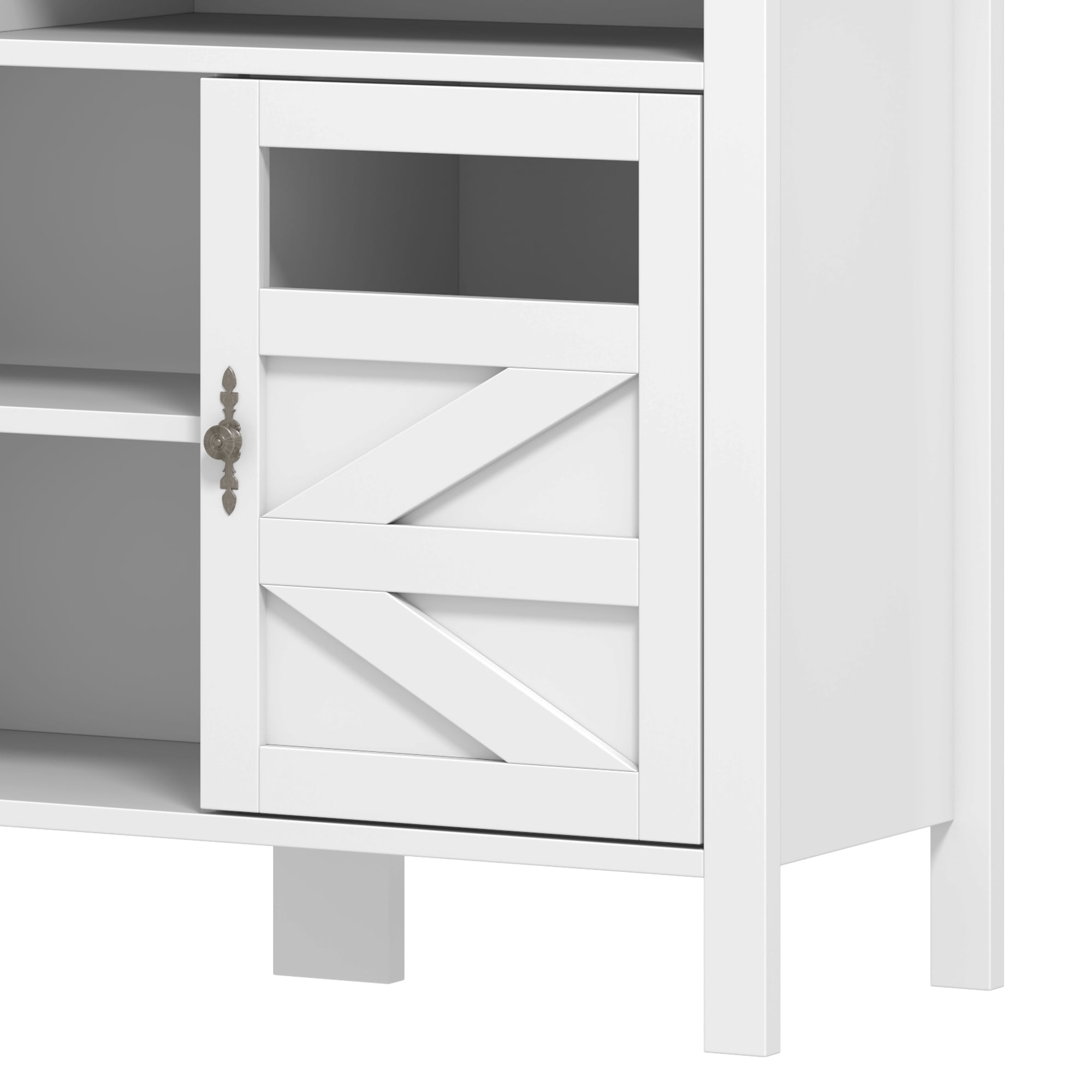 Uforic Farmhouse Coffee Bar Cabinet with Storage & Built-In Power Strip - White & Walnut Buffet Sideboard, 5-Drawer Liquor Bar for Kitchen, Dining Room, Bedroom