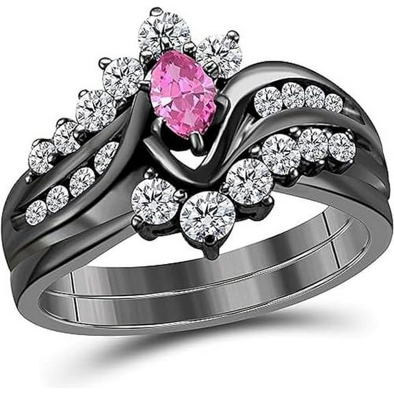 Gems Jewels 925 Sterling Silver 2.10 Ct Marquise Cut Pink Sapphire Wedding Engagement Thanksgiving Christmas Bridal Ring Set 14K Black Gold Plated For Women's -5