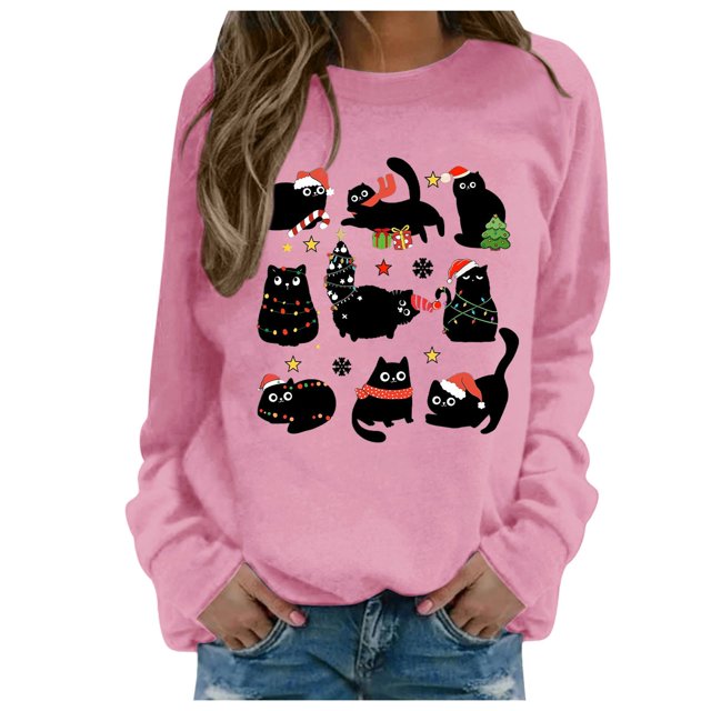 AWZXDE Women's Round Neck Long Sleeve Small Cat Cartoon Pattern Design Solid Color Casual Pullover Sweatshirt for Jeans pairing Comfort Pink,M