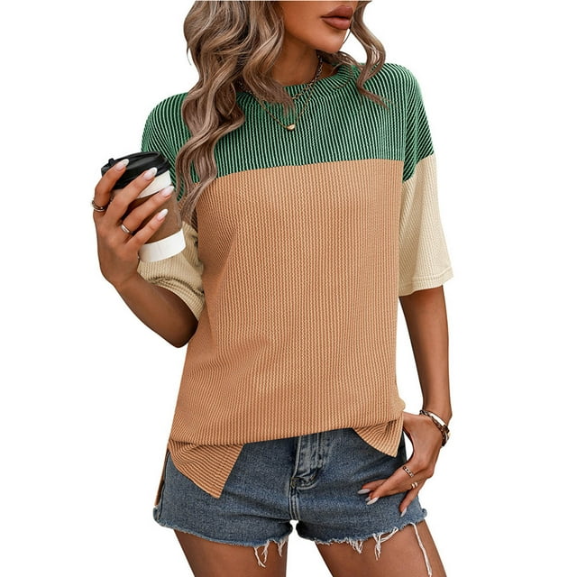 Soki Hauts pour Femmes Liquidation Manches Courtes Décontractées Couleur Unie Ourlet Fendu Col Rond Tee