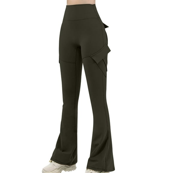 XFLWAM Cargo Flare Pants Women High Waisted Bootcut Yoga Pants with Pockets Casual Wide Leg Strethcy Butt Lifting Flare Leggings
