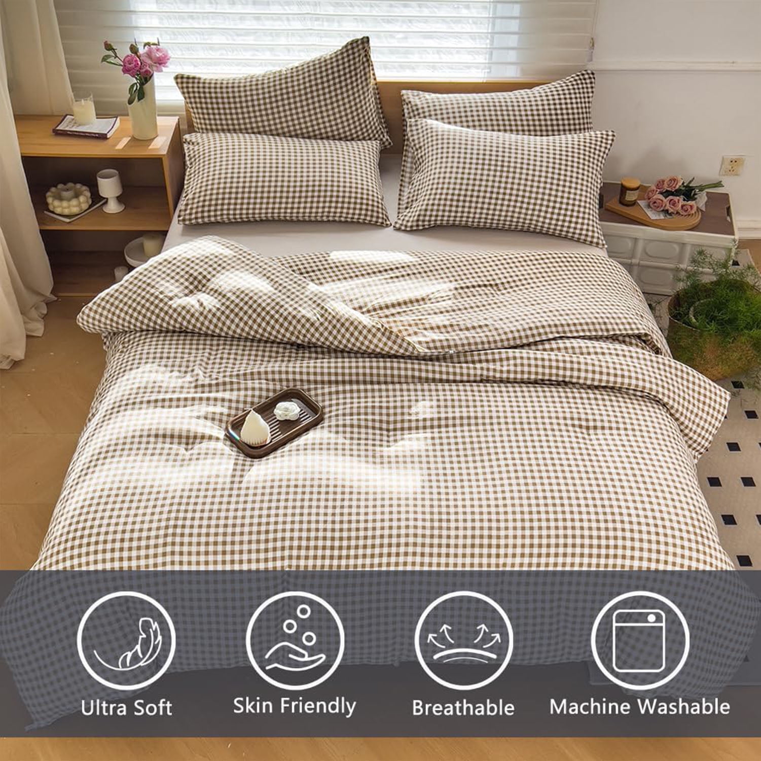 Tan Gingham King Comforter Set, Taupe Plaid Bedding Set, Checked Bed Comforter 3 Pieces(Tan Gingham, King)