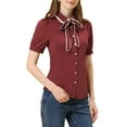 thumbnail image 4 of INSPIRE CHIC Women's Contrast Peter Pan Collar Shirt Puff Sleeve Button Up Tie Neck Blouse L Wine Red, 4 of 6
