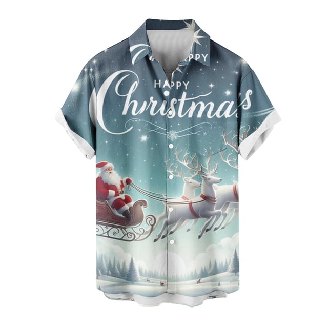 Mens Manga Corta Botón Abajo Camisas, Cuello de Vuelta Navidad Impresa Blusa, Top de Moda Casual